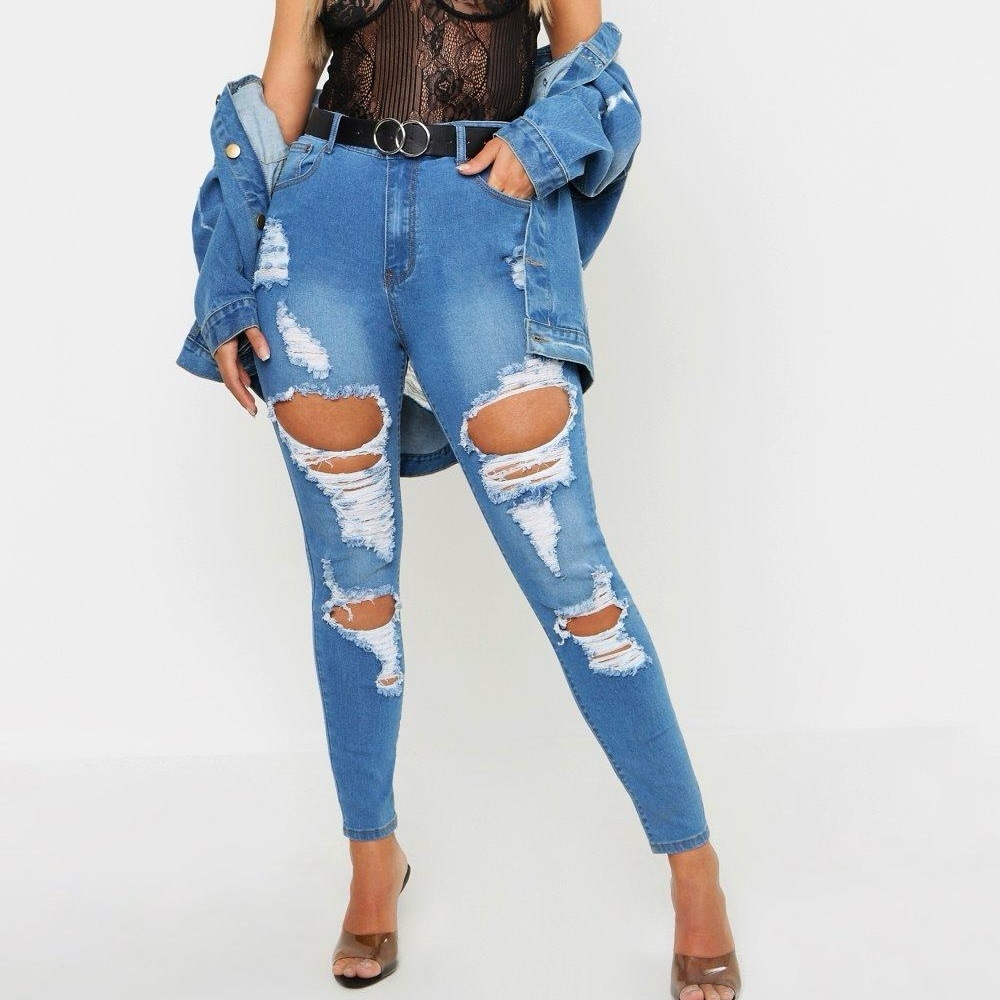 BOOHOO Plus Distressed High Rise Stretch Skinny Jean